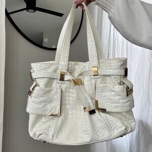 Michael Kors Beverly White Croc Embossed Leather Shoulder Bag Gold Tone Hardware